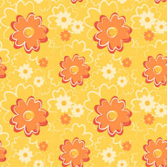 Seamless floral pattern with cute cartoon flowers on yellow background. Vector illustration in flat style. Design for fabric, wrapping paper, background, wallpaper, kids fashion.
