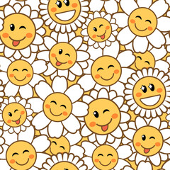 Seamless floral pattern with cute cartoon chamomile. Flowers with funny smiling faces. Vector illustration. Design for fabric, wrapping paper, background, wallpaper, kids fashion.

