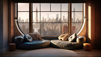 a sofa in an elegant New Yorker apartment with view - generative ai