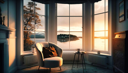 An elegant living-room with view on the sea by sunset - generative ai