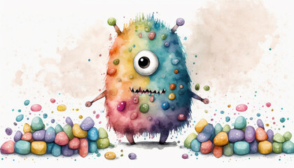 Cheerful watercolor painting of a cute candy monster with bright and playful colors. Perfect for children's illustrations and designs. Generative AI. - obrazy, fototapety, plakaty