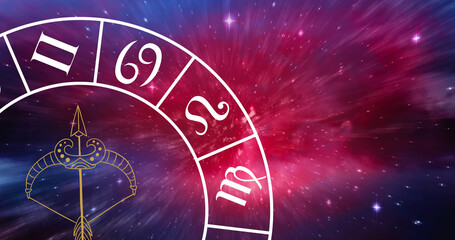 Composition of zodiac wheel with sagittarius star sign over stars