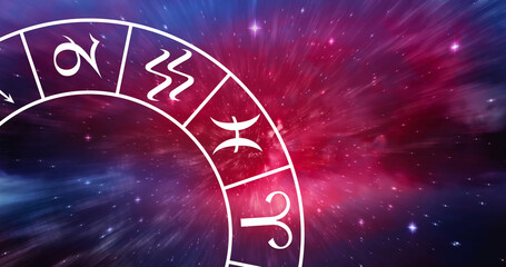 Obraz premium Composition of zodiac star sign wheel with copy space over stars