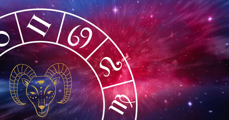 Composition of zodiac wheel with aries star sign over stars