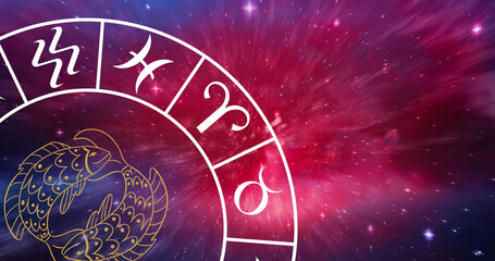 Composition of zodiac wheel with pisces star sign over stars