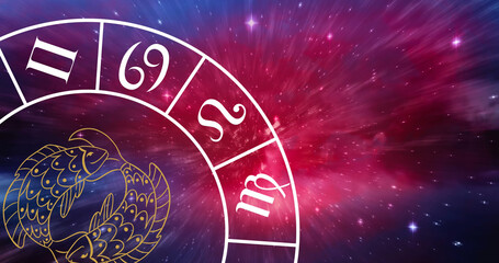 Composition of zodiac wheel with pisces star sign over stars