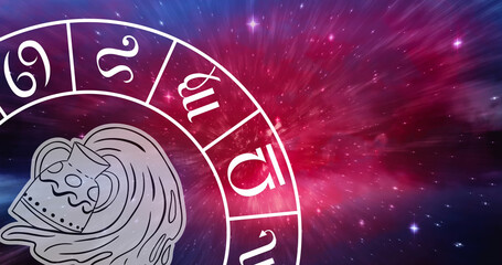 Composition of zodiac wheel with aquarius star sign over stars