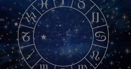Naklejka premium Composition of zodiac star sign wheel with copy space over stars