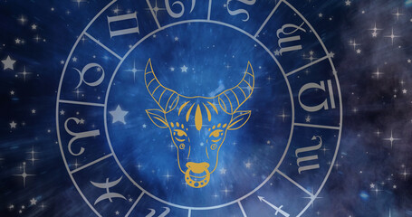 Composition of zodiac wheel with taurus star sign over stars