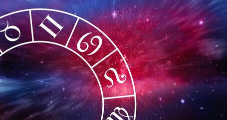 Fototapeta premium Composition of zodiac star sign wheel with copy space over stars