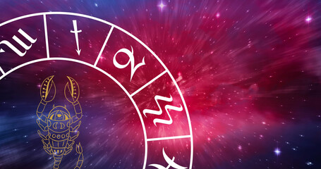 Composition of zodiac wheel with scorpio star sign over stars