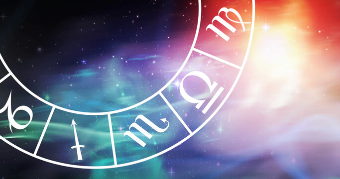 Composition of zodiac star sign wheel with copy space over stars