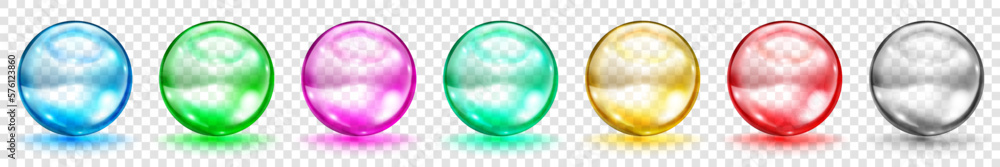 Poster set of translucent colored spheres with glares and shadows on transparent background. transparency o