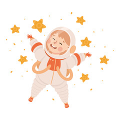 Little child in spacesuit flying in space. Kids astronaut character dreaming about space adventures cartoon vector illustration