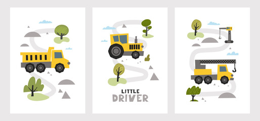 Hand drawn cute cars - Truck, tractor, cargo crane in road with text Little Driver. Vector set with cute cars for posters, fabric, textile and wallpaper design. Vector cars in scandinavian style