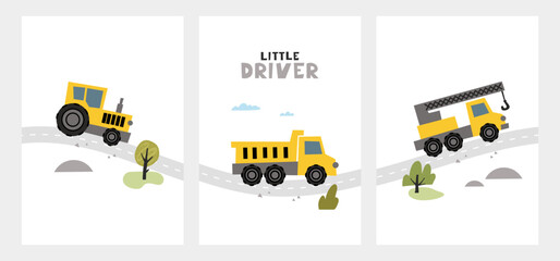 Hand drawn cute cars - Truck, tractor, cargo crane in road with text Little Driver. Vector set with cute cars for posters, fabric, textile and wallpaper design. Vector cars in scandinavian style © vectorplus