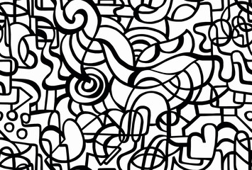 Abstract black and white hand-drawn doodles, seamless drawing.