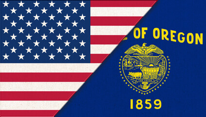 Flags of USA and Oregon. Political concept. American national and Oregon flags