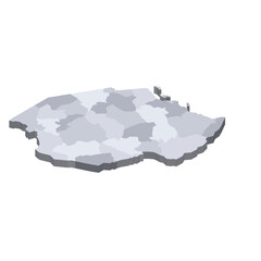 Tanzania political map of administrative divisions - regions. 3D isometric blank vector map in shades of grey.