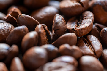 closeup of a pile of lying coffee beans