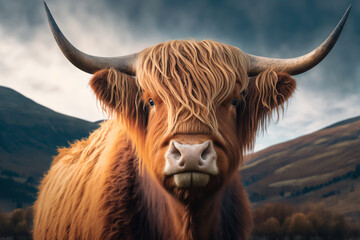 portrait of a highland cow,  Created using generative AI tools.
