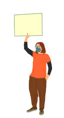Demonstrator woman protester hold banner in hands vector illustration isolated. Hand holding protest placard sign on demonstration, revolution meeting. Loud girl laborer with poster on street event.