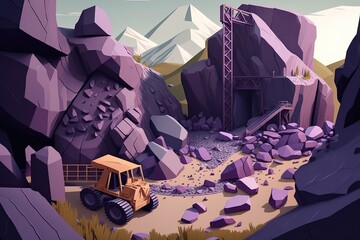 Beautiful modern illustration of a Mining Quarry with a purple shiny crystal in the rocks and stone walls of the mine. Template for your design. AI