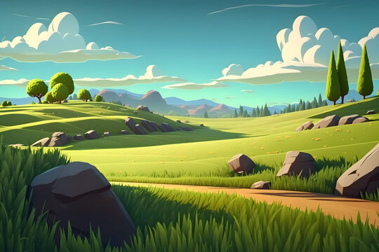 Cartoon meadow background, plains. Made with Generative AI