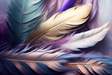 Soft and fluffy background with blue and purple feathers as a beautiful abstract wallpaper title. Generative AI