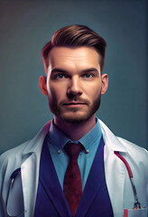 Portrait of confident young medical doctor on blue background. Generative AI. 6