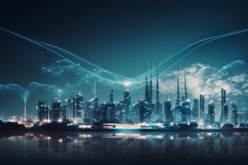 Smart City and Big Data Connection Technology Concept. Digital Blue Wavy Wireless with Antennas Network on Night Megapolis City Skyline Background, Generative AI