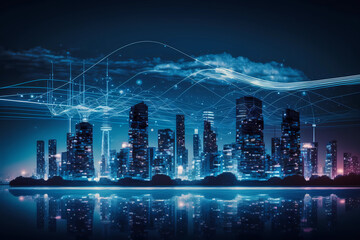 Fototapeta na wymiar Smart City and Big Data Connection Technology Concept. Digital Blue Wavy Wireless with Antennas Network on Night Megapolis City Skyline Background, Generative AI