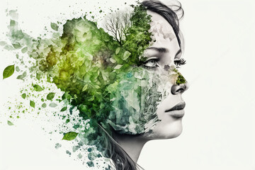 double exposure of woman head and flowers and plants mental health