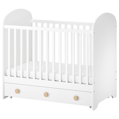 Baby bed with storage box solid beech wood white color toddler safe furniture kids room isolated on...
