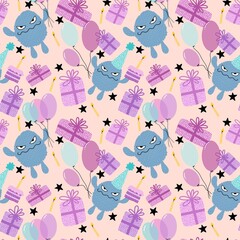 Cartoon monsters seamless birthday gift box and aliens and balloons pattern for wrapping paper and kids clothes