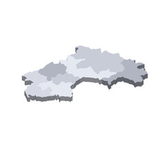 Guinea political map of administrative divisions - regions. 3D isometric blank vector map in shades of grey.