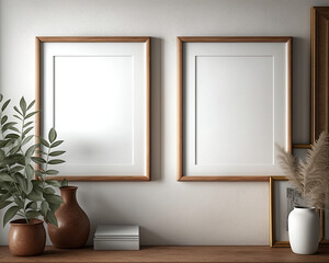 mock up of 2 wooden frames that are blank inside on a wall in a room decorated with a neutral palette 