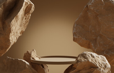 3D podium stone display on brown background. Beige rock, cosmetic beauty product promotion pedestal with sun shadow. Nature landscape showcase. Abstract minimal studio 3D render	