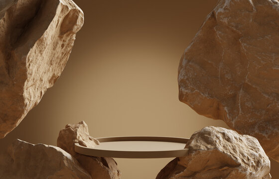 3D podium stone display on brown background. Beige rock, cosmetic beauty product promotion pedestal with sun shadow. Nature landscape showcase. Abstract minimal studio 3D render	