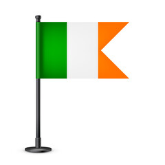 Realistic Irish table flag on a black steel pole. Souvenir from Ireland. Desk flag made of paper or fabric and shiny metal stand. Mockup for promotion and advertising. Vector illustration