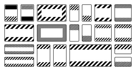 Naklejka premium Various blank black warning signs with diagonal lines. Attention, danger or caution sign, construction site signage. Realistic notice signboard, warning banner, road shield. Vector illustration