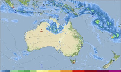 El mapa meteorológico muestra la precipitación y la presión atmosférica en Oceanía. Los datos de precipitación se representan mediante gradientes de color.