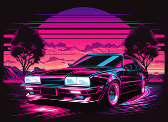 Obraz na płótnie Canvas Illustration of a retro car in Synthwave design