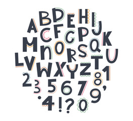 Cute hand draw alphabet in boho style. Cartoon doodle clipart elements for nursery.