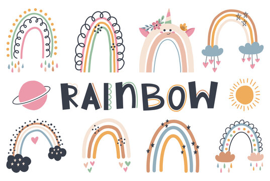Set of cute hand draw rainbow, sun, cloud, star, weather in boho style. Cartoon doodle clipart elements for nursery. Design for shower invitation card, birthday, children's party, book cover, poster