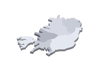 Iceland political map of administrative divisions - regions. 3D isometric blank vector map in shades of grey.