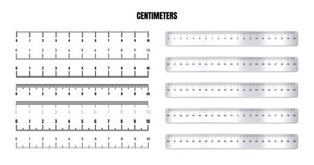 Realistic metal rulers with black centimeter scale for measuring length or height. Various measurement scales with divisions. Ruler, tape measure marks, size indicators. Vector illustration