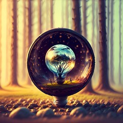 Tiny world in a light bulb, in a fantasy forest - generative AI illustration
