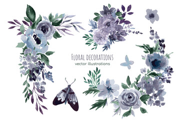 Purple floral watercolor decoration, vector illustration