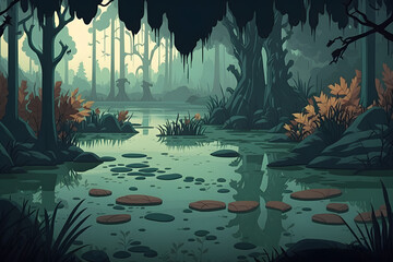 Cartoon swamp background. Made with Generative AI